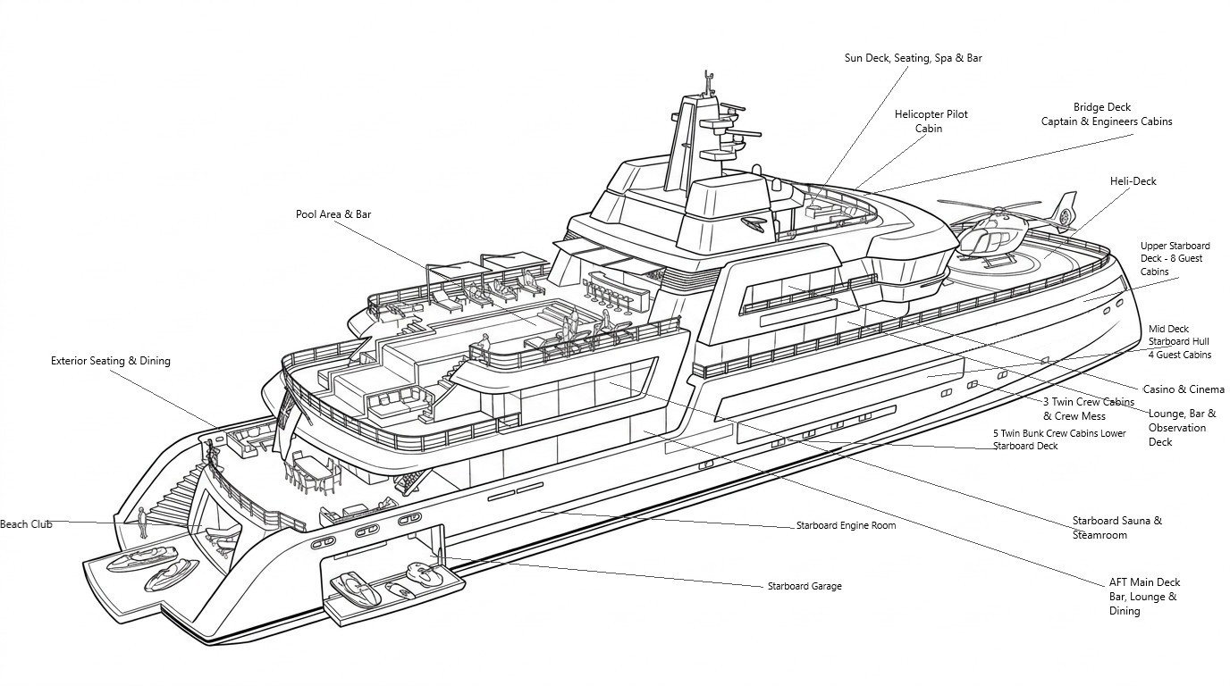 B/W Sketch of 65m Summer Yacht