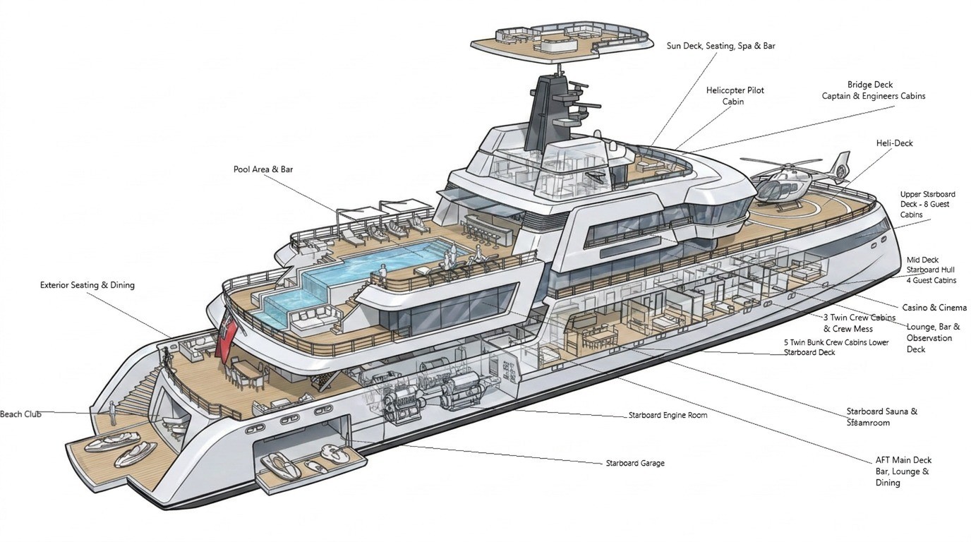 Colour Sketch of 65m Summer Yacht
